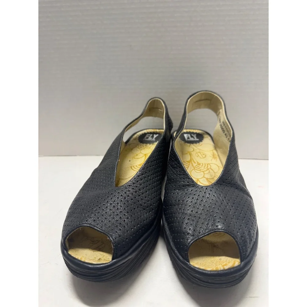 Fly London Yala Black Perforated Leather Peep Toe Wedge Slingback Sandals 40 9
